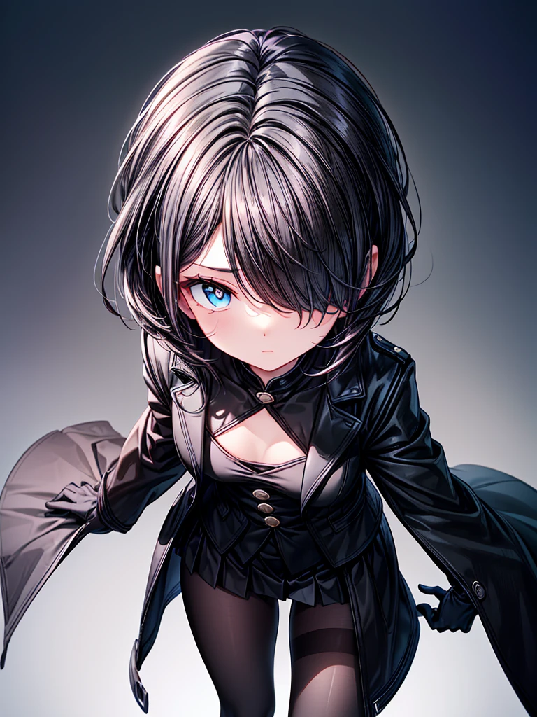 ((Oriental Project)),((masterpiece)),((Highest quality)),((Fascinating)),((alone)),((Deep blue pupils)),((Beautiful Blue Eyes)),((Wearing a black coat)),((Wearing a black mini skirt,She is wearing black tights under her skirt)),((Slim body)),((View from above)),((length, Shiny black hair)),((Her left eye is completely hidden by her bangs)),((Her hair is parted, and you can see her eyes through it)),((Wearing black gloves)),((hair over one eye)),((Ruthless)),((Complex background)),((overwhelmingly strong))