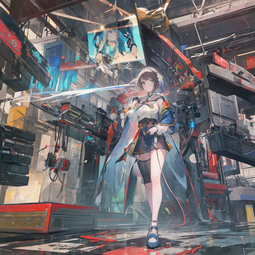 ((masterpiece, best quality)),illustration,Super Fine 8k,Reality,Clear focus,Very detailed,Professional lighting,Colorful Detailed,Extremely long shot of the rainbow-colored BREAK factory,Large machinery construction,Microchip,,Luminescence,Intricate details,Shitu-mecha,1 girl standing in front of the audience,Umbilical cord