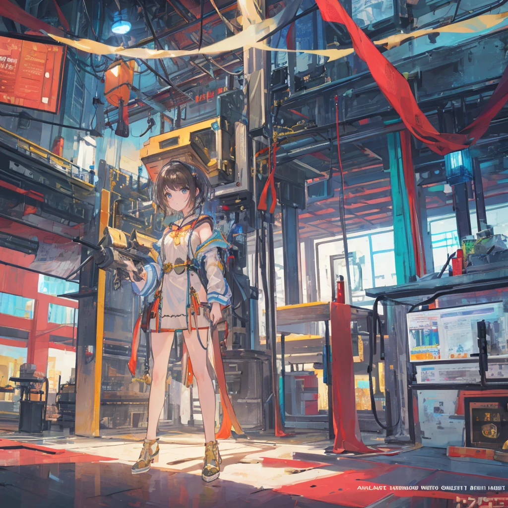 ((masterpiece, best quality)),illustration,Super Fine 8k,Reality,Clear focus,Very detailed,Professional lighting,Colorful Detailed,Extremely long shot of the rainbow-colored BREAK factory,Large machinery construction,Microchip,,Luminescence,Intricate details,Shitu-mecha,1 girl standing in front of the audience,Umbilical cord