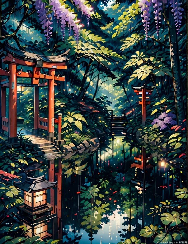 wide view, torii, Japanese forest, dense wisteria trees, day light, rain, reflection, tropical leafy plants, light shine on part of foliage, micro landscape, intrinsic details, dark, night time, micro landscape, intrinsic details
