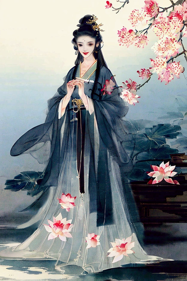 ((4k,masterpiece,best quality)), shuimobysim, traditional chinese ink painting, lotus, hanfu, maxiskit, dress conservatively 1girl, solo, long blue hair, smile, standing, feet in the water, barefoot,