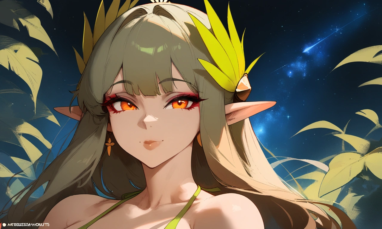1girl, muelsyse \(arknights\), arknights \\\\\ masterpiece, best quality, very aesthetic, absurdres, newest ///// nyantcha, cutesexyrobutts, khyle ////// orange eyes, elf ears ///// simple background, space background, lime bikini, greenery, 18 years old girl, thin waist,solo, stars, ^_^, portrait, detailed face, bare neck.