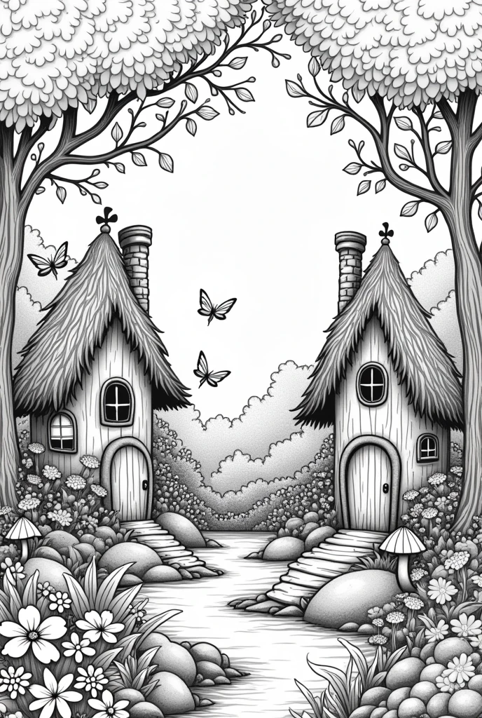 Fairy house land coloring book pages nature background no color black and white high details