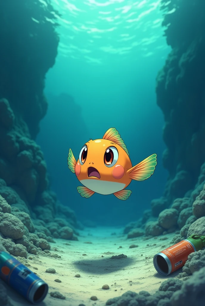 anime,In the sea,There is trash on the ground,A small fish finds trash,Surprised face