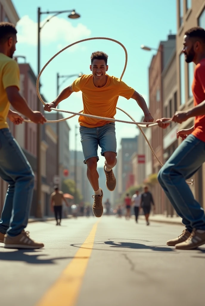 A person playing double dutch。
What is Double Dutch?、It is a long rope skipping game using two ropes.。
There was a man jumping in the rope.、There are two men holding both sides of the rope and swinging it.。
Please make the rope straighter.。