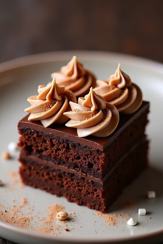 Square-shaped chocolate cake portion decorated with cream