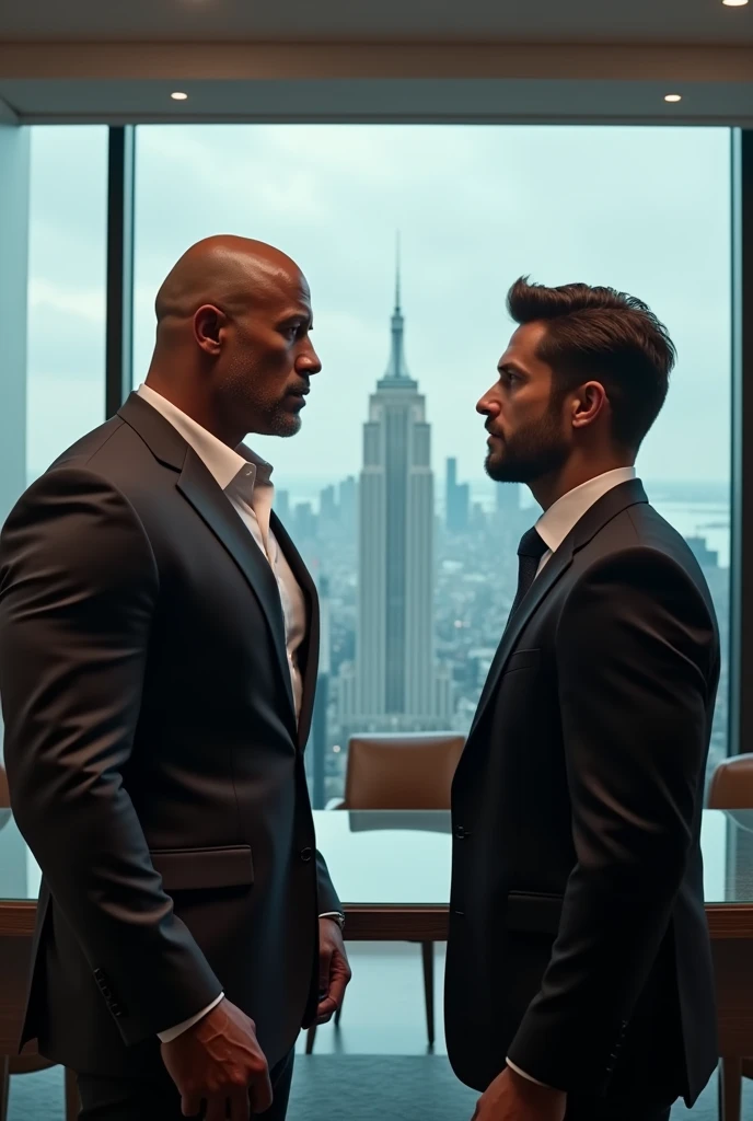 Dwayne johnson face to face with handsome man with hair at office room top floor