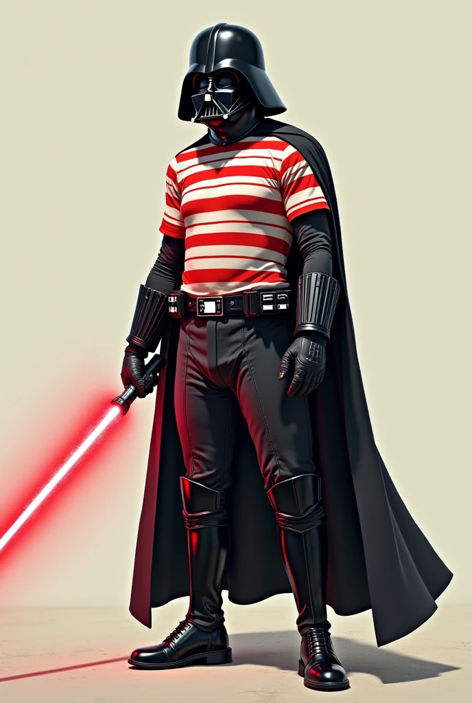 Darth Vader wearing a red and white striped shirt. ,with a saber