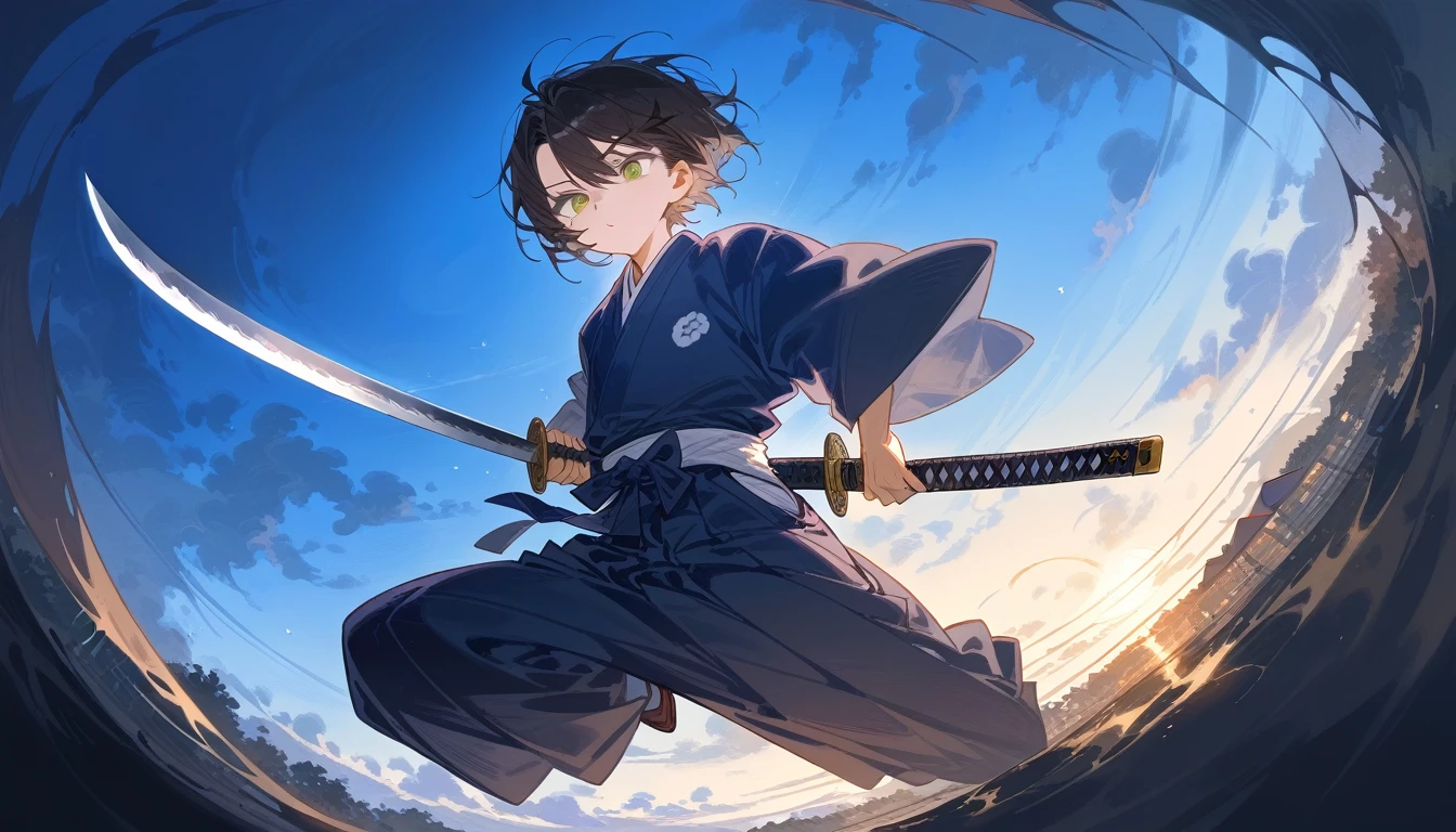 Beautiful young man, slanted gray eyes, black medium hair, Tied up, blue masculine kimono, Hakama, Hakama skirt, Oblique angle, Japan atmosphere, Cool, Stylish, dynamic shot, a katana sword, fisheye lens, masterpiece, dynamic angle