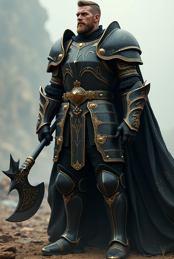 A male knight in sturdy black armor with gold decoration armed with a two-handed epic axe
