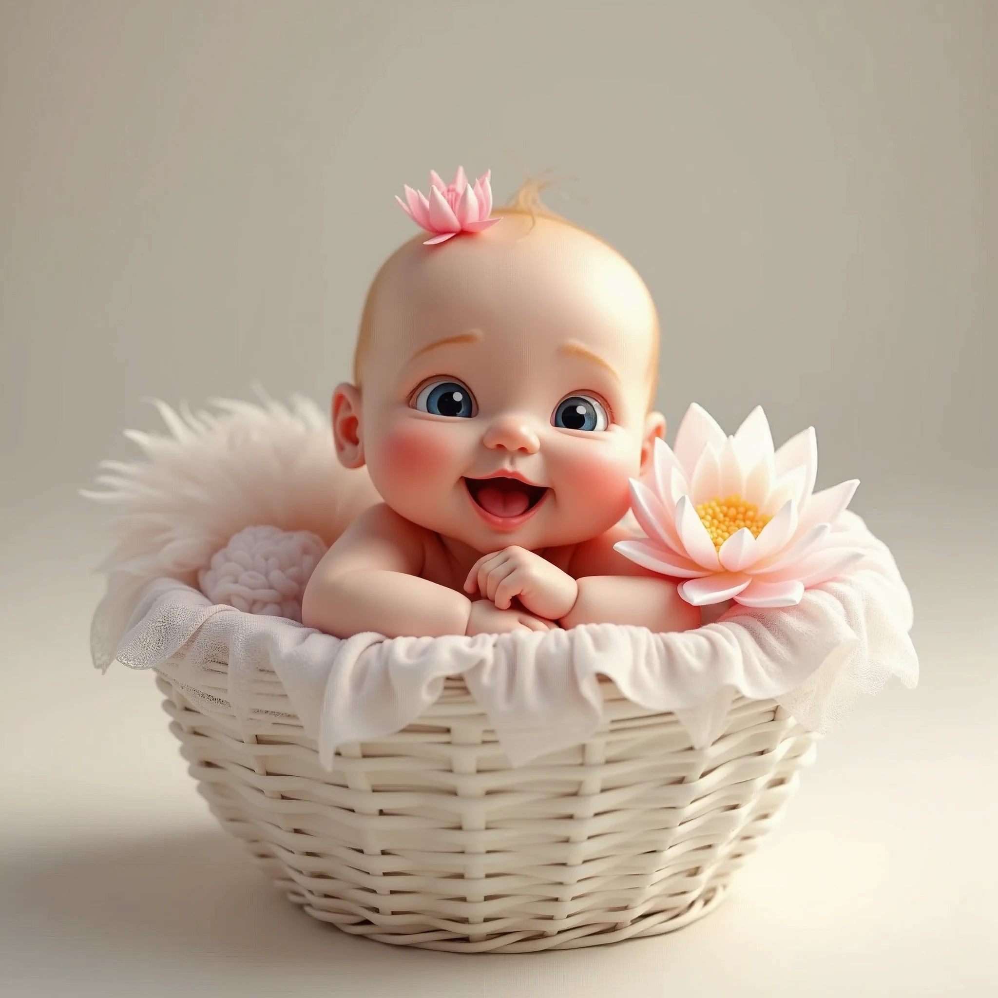 on a light background, Funny Newborn Baby , rosy-cheeked, Very fat, The eyes are blue, smiles and looks at the viewer, in a white basket, whitish on the sides , transparent lace, frill, next to a white lotus flower, covered with a transparent veil, a transparent pink on the side of the head , 8 K (masterpiece), ((top quality)), (super detailed), arms and legs folded funny, evokes a smile and laughter,