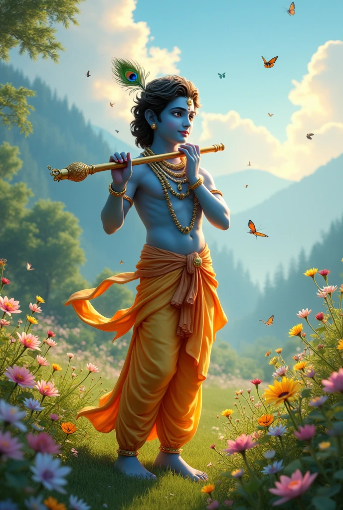 ultra realista 8k CG, work of art, ((ultra detailed background, delicate pattern, intricate-detail)), (highy detailed, fine detailsbest quality, Generate an ethereal image of Lord Krishna standing in a lush green meadow, surrounded by vibrant wildflowers, with a radiant smile and gentle eyes, playing the medium size flute, with a soft, golden light illuminating his divine face and a serene background of misty mountains." surrounded by colorful butterflies and swirling peacock feathers, set against a vibrant blue sky with fluffy white clouds, amidst a lush forest with exotic birds, surrounded by peaceful water lilies and a soft, warm glow, smiley face, (photorrealistic:1.4),beautiful lighting, The overall color tone of the image is vibrant, emphasizing the energy and vitality of the scene.