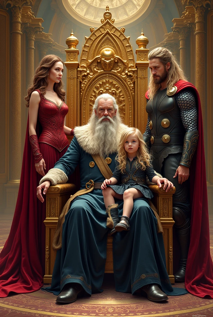 A family photo, Odin sit on the throne with his wife frigg. Bellow them was theirs child, Scarlet witch on the left, thor on the middle and loki on the right