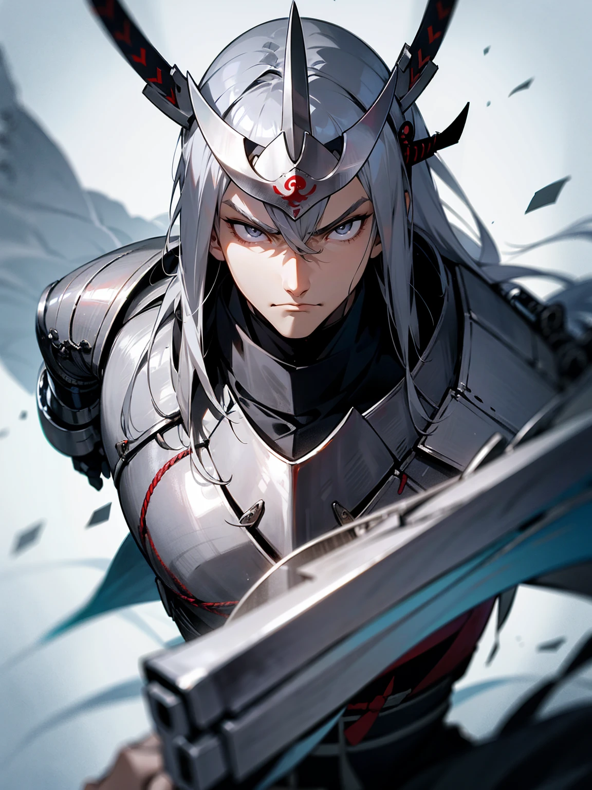 1male, adult, silver hair, long hair, sliver samurai helmet, silver samurai armor, grey eyes, serious expression, lean builds