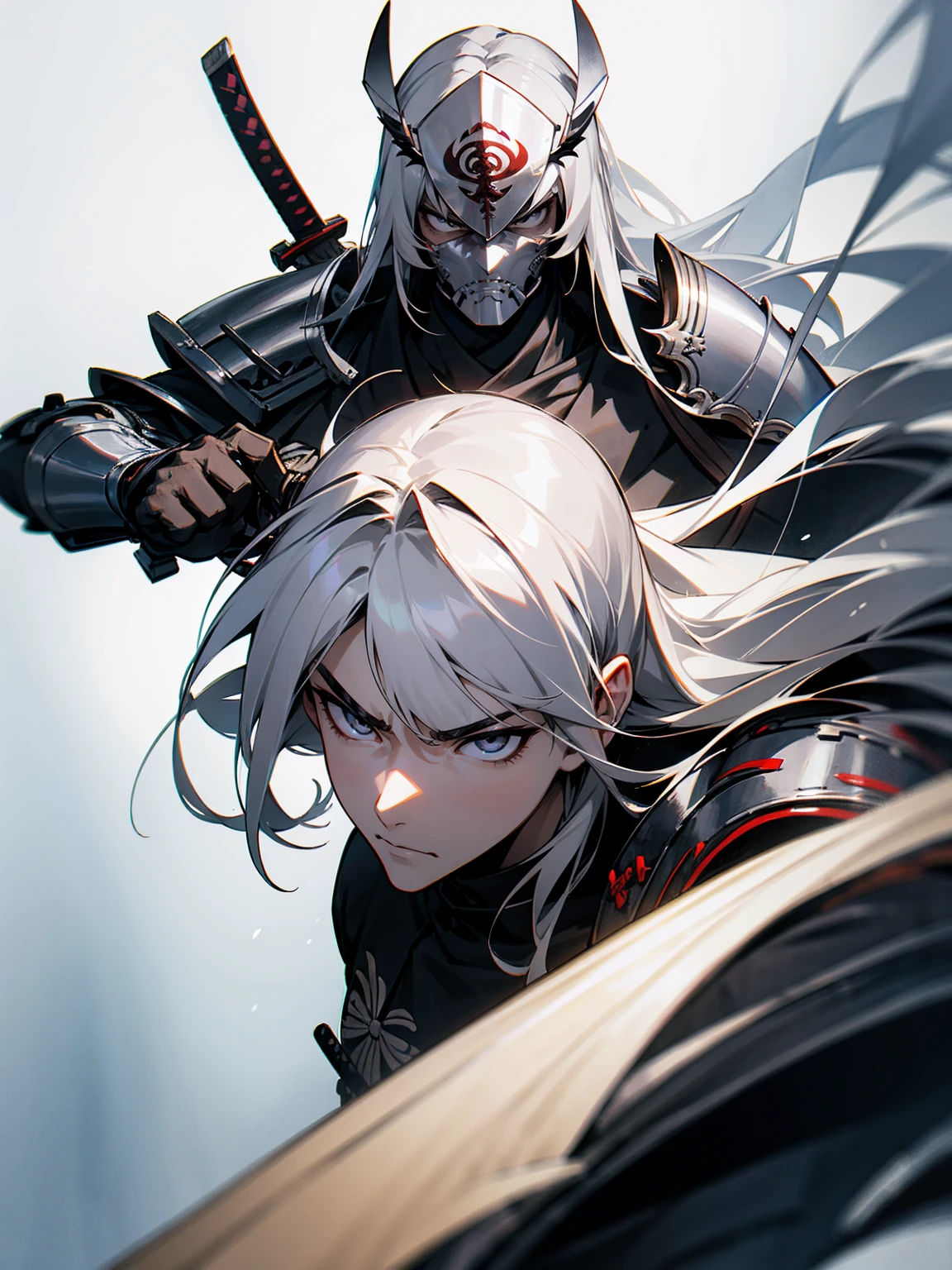 1male, adult, silver hair, long hair, sliver samurai helmet, silver samurai armor, grey eyes, serious expression, lean builds