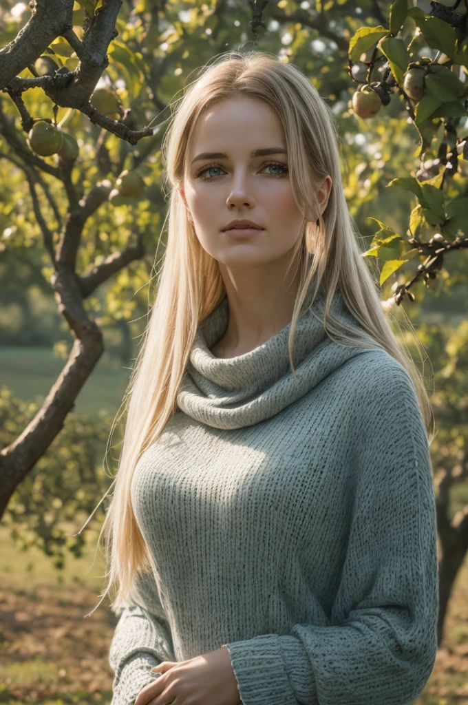 photo du S398_Anna Durkin,A magnificent woman,in an (orchard:1.1),wear one (cowl neck:1.1),(nuit),(4K, photo brute, best quality, 50mm, depth of field, ultra haute résolution:1.1),(complexe, Photorealistic, cinematic film still, head of'artwork, ultra-detailed:1.1),sexly