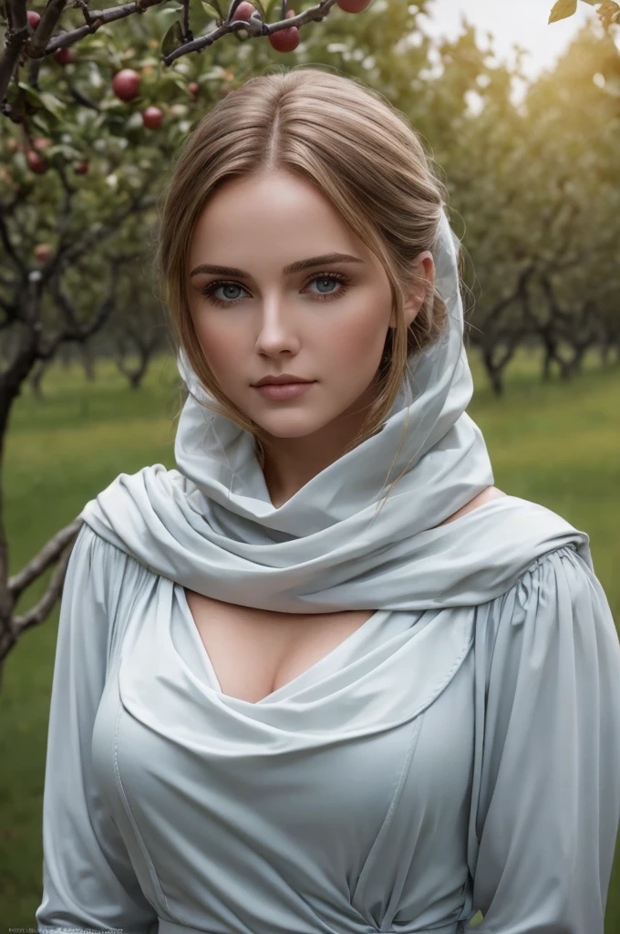 photo du S398_Anna Durkin,A magnificent woman,in an (orchard:1.1),wear one (cowl neck:1.1),(nuit),(4K, photo brute, best quality, 50mm, depth of field, ultra haute résolution:1.1),(complexe, Photorealistic, cinematic film still, head of'artwork, ultra-detailed:1.1),sexly