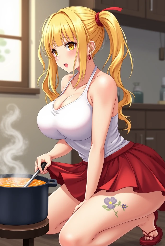 Anime girl with big breasts, yellow hair tied on both sides, curls that touch her shoulders and is wearing a white dress on top and red on the bottom, yellow eyes and is cooking soup with a big butt and big breasts, she is small and has her skirt up and you can see her ass with a tattoo on her buttock and she is small, she is a girl who is crouching with her legs open