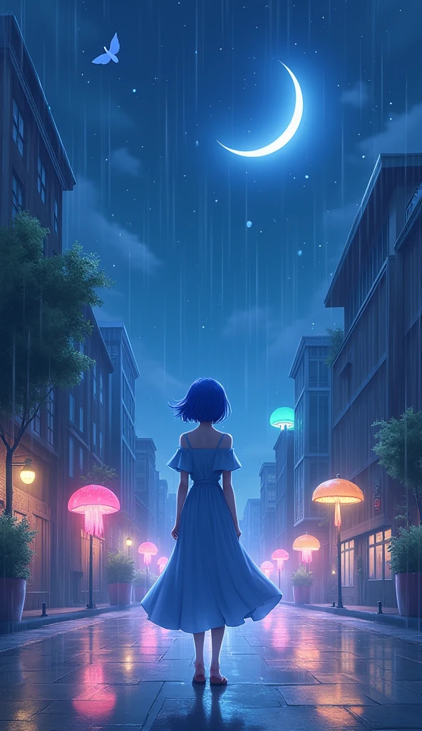 ((best quality)), ((masterpiece)), (detailed), 1girl, solo, street, blue long-dress, long view, short blue hair, 8k, anime graphics, ultra detail, evening, Rain, wet, stars and moon, mushroom shine, jellyfish shining, rainbow