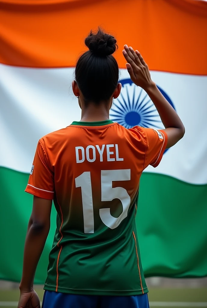A beautiful Woman standing back facing, saluting indian national flag, in the jersey of the woman written Doyel, color of the jersy is inidan flag tri color, hd image, in the jersey 15 number is showing with blue colour wheel, in the jersy name Doyel is showing 
