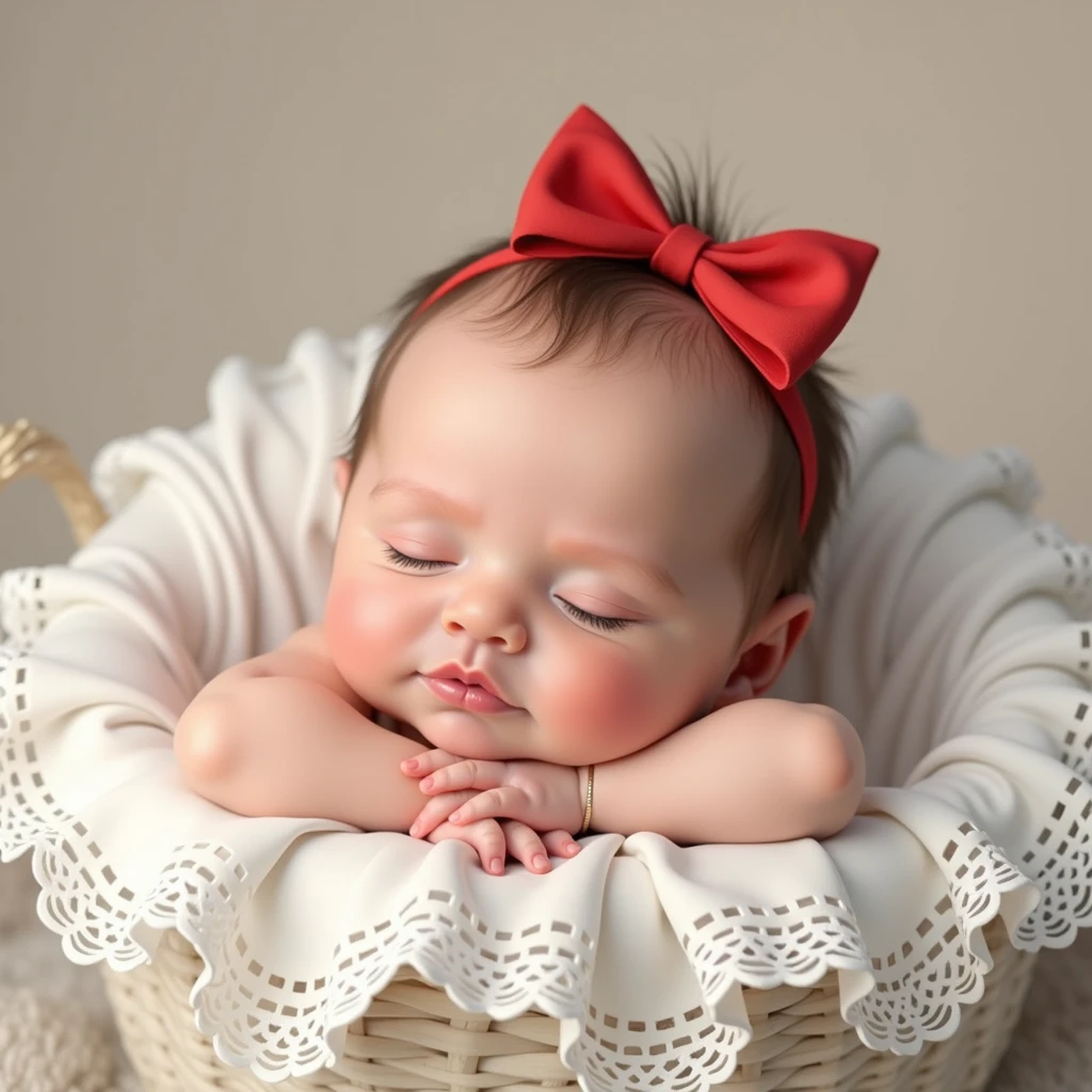 Newborn baby , rosy-cheeked, Thick, smiling sleeping in a white basket on the sides snow-white lace frills,there is a red bow on the head , 8 K (masterpiece), ((top quality)), (super detailed),folded his arms funny,