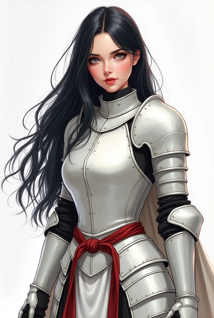 Illustration of a woman knight's upper body, looking cool and cute.
Long black hair
White armor
