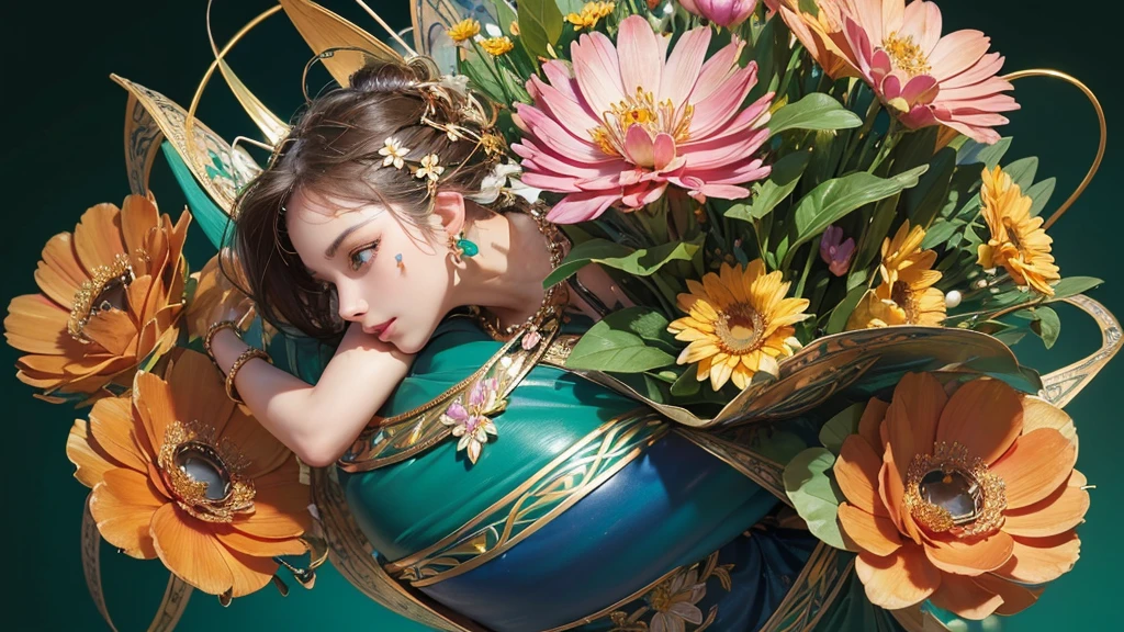 32K, 最高quality, 最高masterpiece, (ultra-Detailed Background, Detailed Background), High resolution, Super detailed, Very detailedな, One girl, (bouquet:1.3), (Tangled:1.2), (Geometric:1.2),(colorful),(masterpiece, quality, best quality, Official Art, Beautiful and beautiful:1.2), (1 girl:1.3), Very detailed,(colorful:1.1)(Flowers:1.3),Most detailed,(Tangled:1.2), whole body, (Abstract background:1.3), (Skin glows), (Many colors:1.4), ,(Earrings Jewelry:1.5), Light green background,