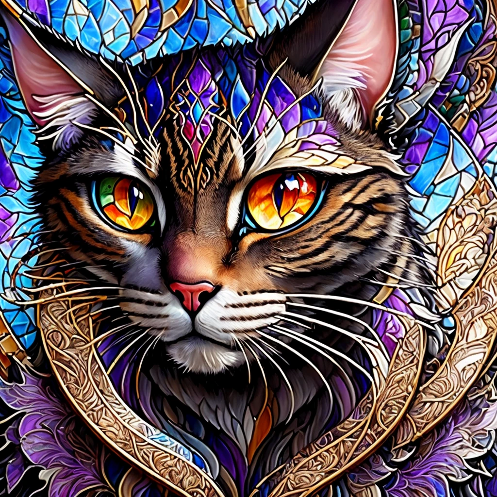 Close-up of a cat made from stained glass on a wall, cat detailed, Detailed digital art, Detailed digital artwork, ultra-Detailed digital art, very Detailed digital art, Detailed colorful artwork, Stunningly detailed digital art, Digital Complex Art, Complex digital art, Alex Gray Cat, Overly detailed art, Highly detailed fantasy art, Ultra-detailed colorful art
