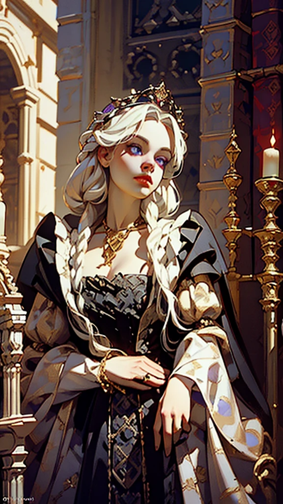 Beautiful albino woman with detailed braided medieval hairstyle (updo) (white hair) being queen,wearing detailed medieval gown (red and black colours), with gold accessories and gold tiara, medieval queen, medieval woman,queen,game of thrones style,daenerys targaryen style, high quality, very detailed,hd quality, masterpiece ((purple eyes))