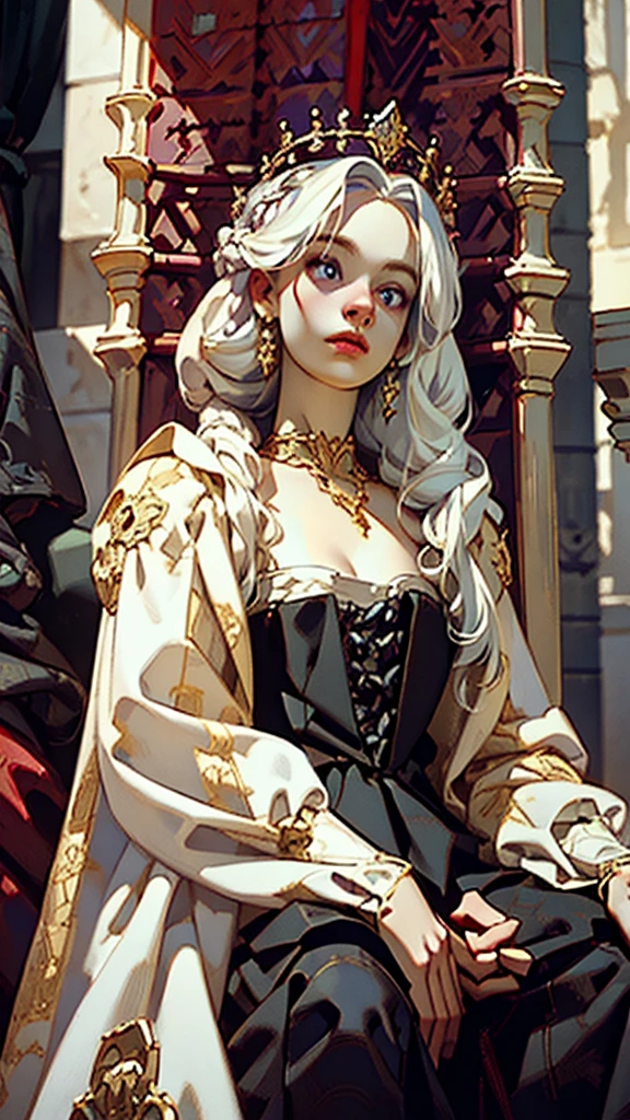 Beautiful albino woman with detailed braided medieval hairstyle (updo) (white hair) being queen,wearing detailed medieval gown (red and black colours), with gold accessories and gold tiara, medieval queen, medieval woman,queen,game of thrones style,daenerys targaryen style, high quality, very detailed,hd quality, masterpiece ((purple eyes))