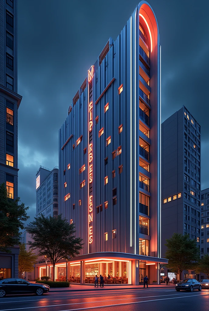 art deco design,urban buildings,streamline moderne,futuristic architecture, Abstraction,modern style,Luxury and Luxury,Future night view,Futuristic decorative elements,Metallic,number line,sci-fi lamp,Virtual Engine,Unreal rendering,neon lights, apartments, restaurants, mid rise,