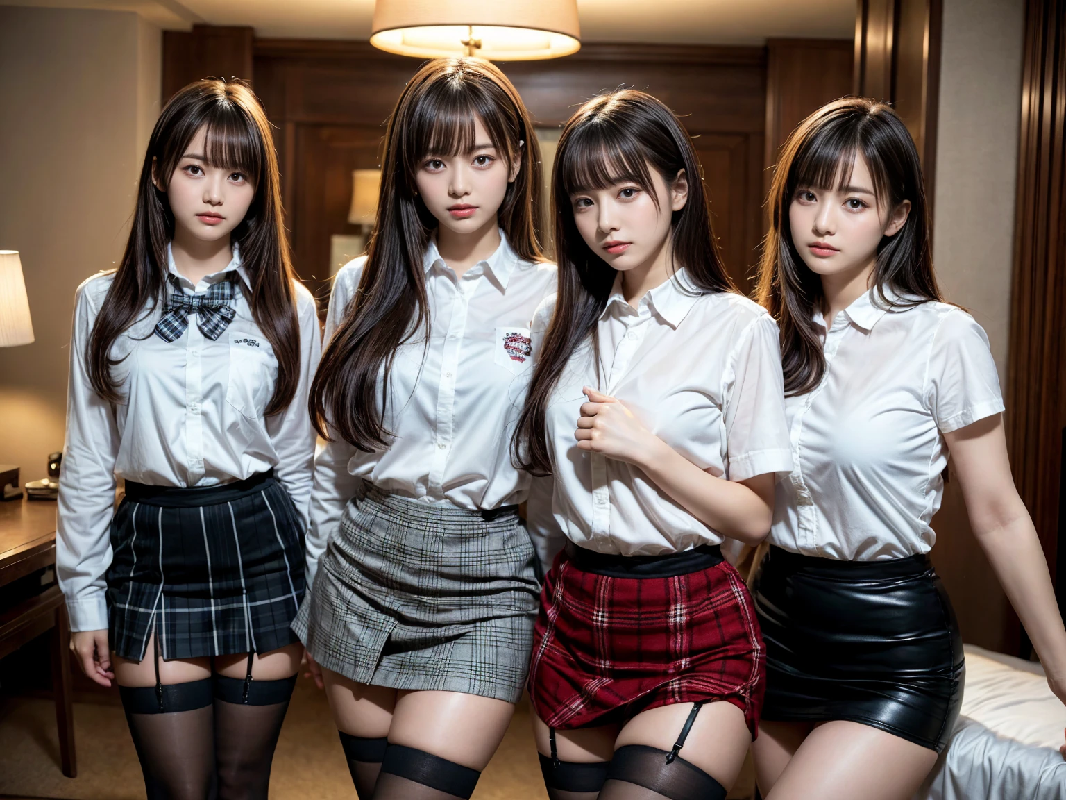 masterpiece, best quality, illustration, Super detailed, fine details, High resolution, 8K,wall paper, perfect dynamic composition,(Details High quality, realistic depiction of eyes:1.3), (3 girls), (white school shirt :1.2), (plaid skirt :1.3), tie black, black thigh-high stockings, sitting, open legs, short bob hair, in a hotel room in the background, deep on field, large breasts, black hair color, Big Natural Color Lip, (perfect body shape), crying a little、Harajuku style、20 year old girl、cute type、beautiful legs, Gravure Idol