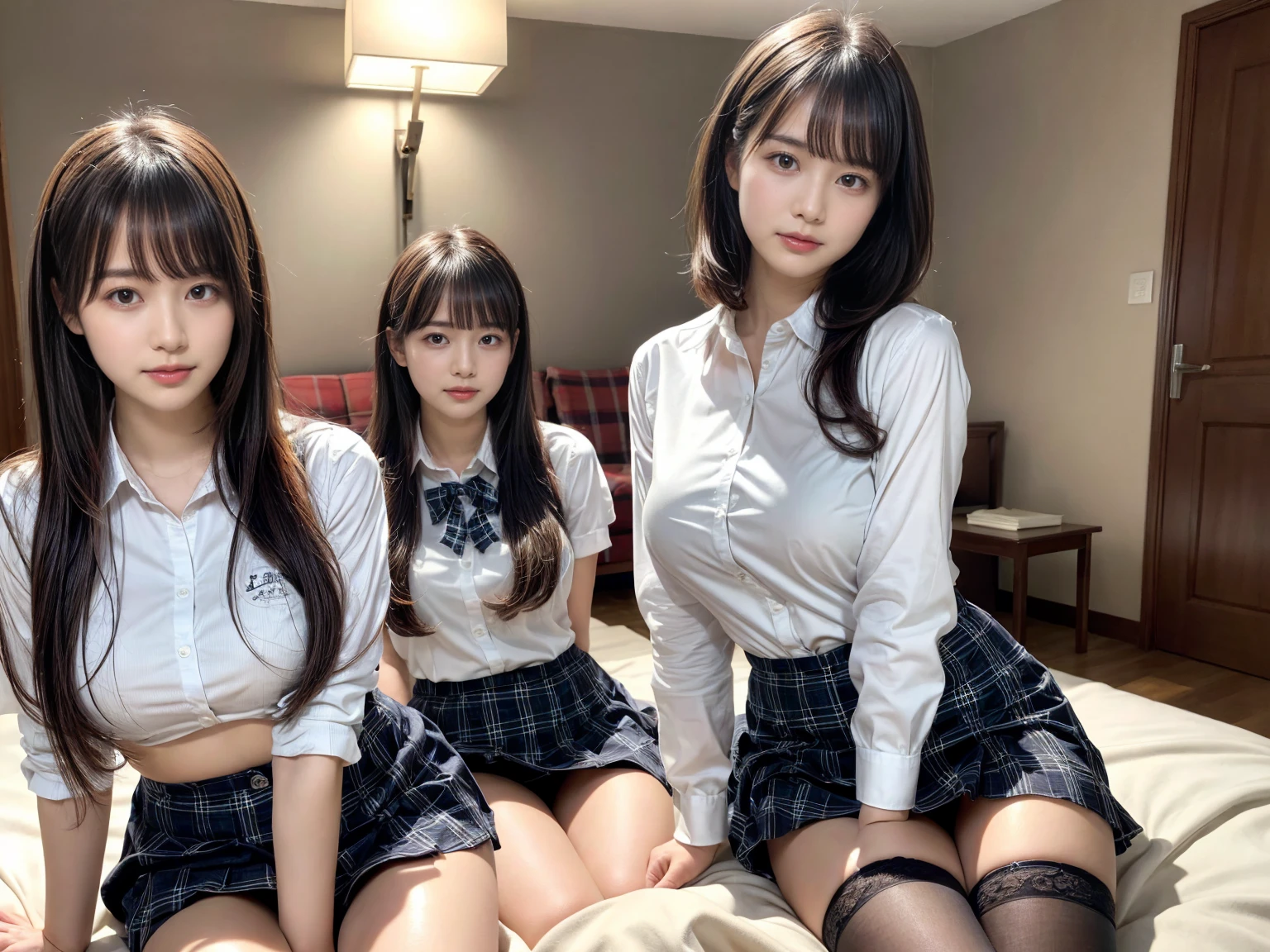 masterpiece, best quality, illustration, Super detailed, fine details, High resolution, 8K,wall paper, perfect dynamic composition,(Details High quality, realistic depiction of eyes:1.3), (3 girls), (white school shirt :1.2), (plaid skirt :1.3), tie black, black thigh-high stockings, sitting, open legs, short bob hair, in a hotel room in the background, deep on field, large breasts, black hair color, Big Natural Color Lip, (perfect body shape), crying a little、Harajuku style、20 year old girl、cute type、beautiful legs, Gravure Idol