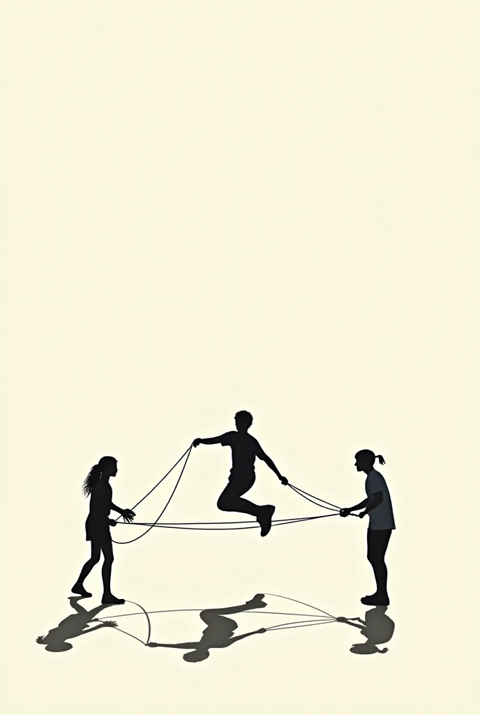 A person playing double dutch。
What is Double Dutch?、It is a long rope skipping game using two ropes.。
There was a man jumping in the rope.、There are two men holding both sides of the rope and swinging it.。
Make sure the rope is not tangled。
Please draw silhouettes of people without drawing faces.。