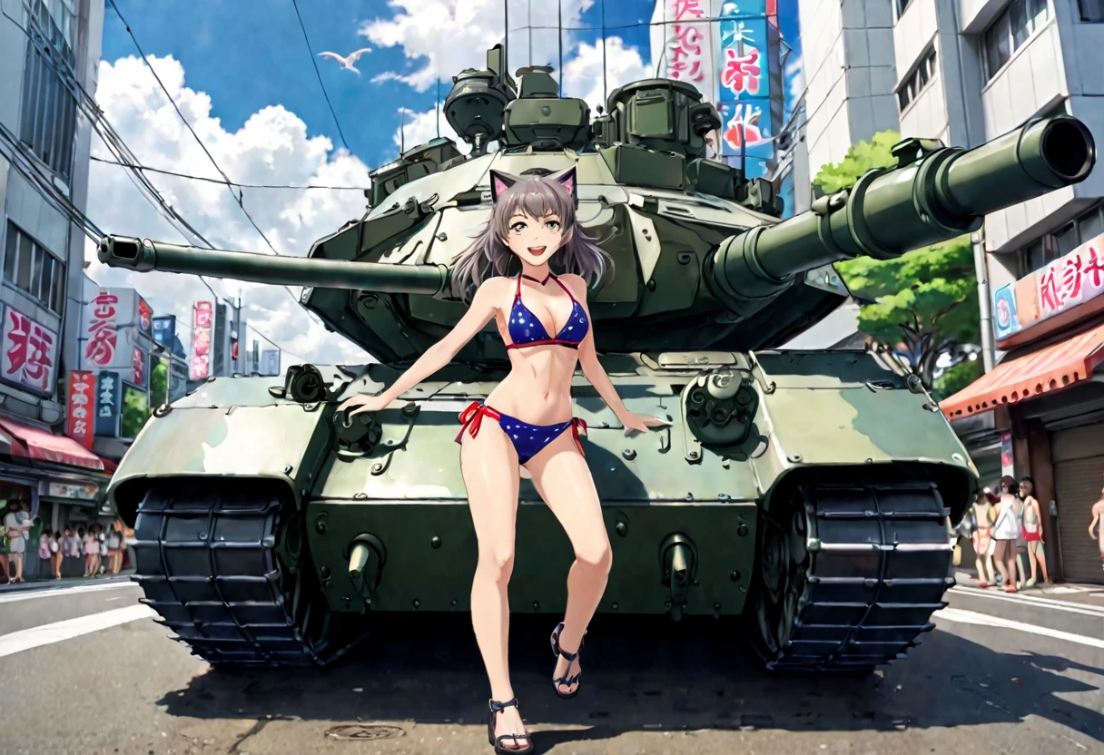 An anime catgirl in a bikini gleefully rides on the turret of a huge armored tank that matches the color scheme of her bikini, streets of tokyo