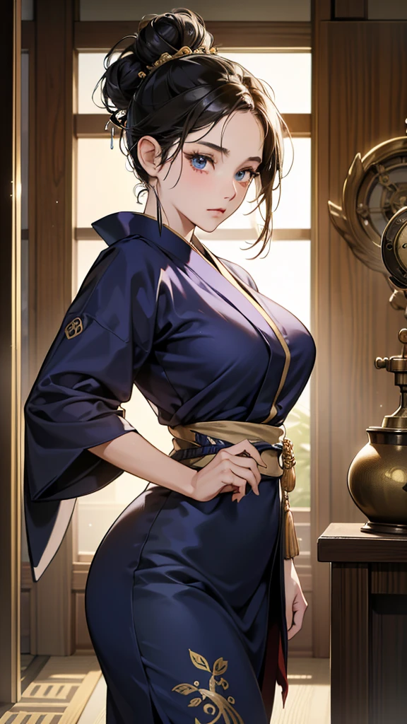 (perfect anatomy:1.2)(absurdres, highres, ultra detailed),masterpiece,best quality,high resolution,8k,Realistic face,Realistic skin texture,magnified textures, stunning clarity,(ultra detailed eyes and face),(1 girl:1.5),15 years old,black hair,messy bun,kanzashi,pale skin, mysterious eyes,navy blue casual yukata,thin body type,big breasts,(expressionless:1.2)(bashful:1.1),Steampunk in the meiji Period、Japanese style luxury、night、Lobby of Japanese Onsen Ryokan、hieroglyph,Ancient Egyptian statues,look at viewer,(from front:1.3),Delicate atmosphere、,cowboy shot