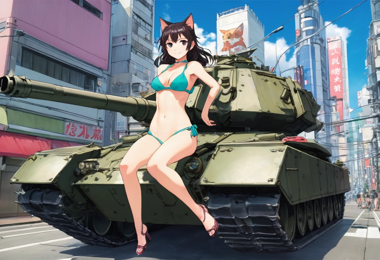 An anime catgirl in a bikini gleefully rides on the turret of a huge armored tank that matches the color scheme of her bikini, streets of tokyo
