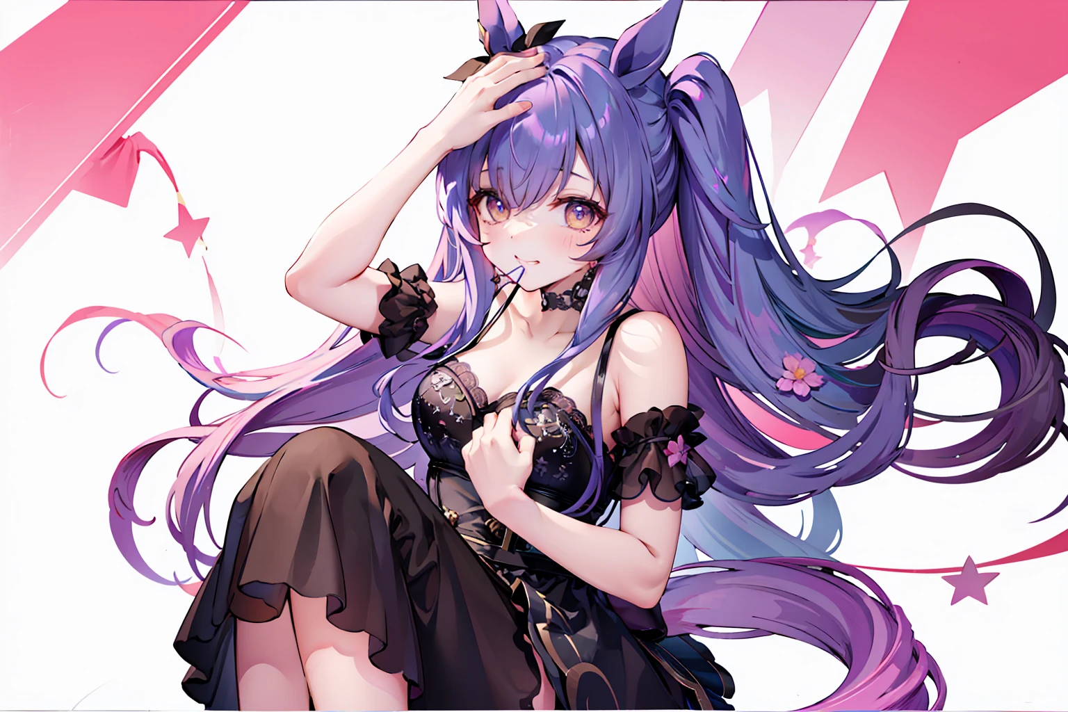 One Horse Beautiful Girl、Crying Mole、Mole on the mouth、Gummy Smile、Hands behind your head、Prone、Beautiful breasts、Black Nightgown、High ponytail、dusk、super high quality、Final Resolution、Best assembly、Correct body structure、High angle、From the knee up、Face Detail