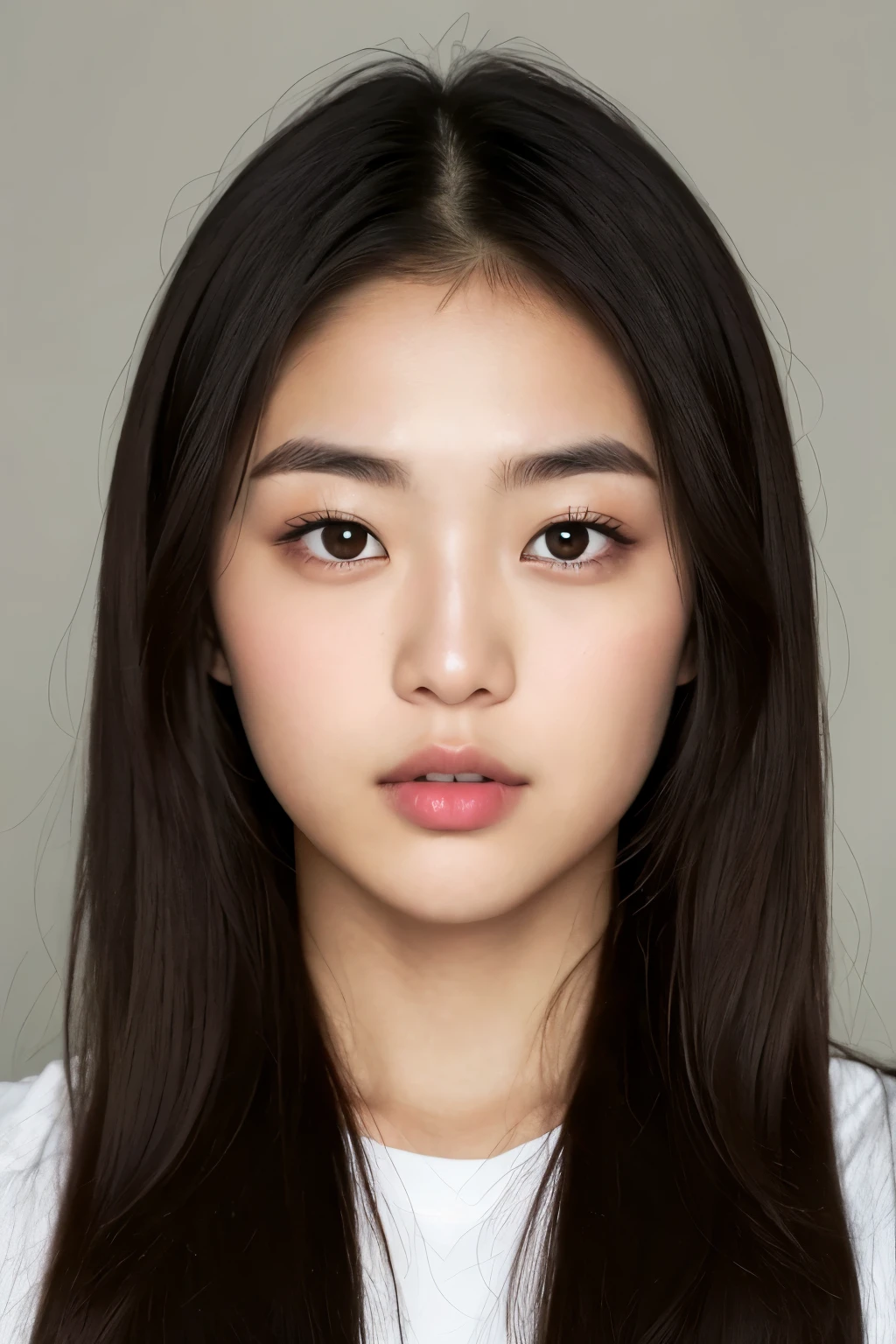 prospect: Gorgeous young Woman , Korean Japanese mixed race. Front Face::1.5, faint smile, (In the Dark), , Perfect Eyes, long hair, masterpiece, bright and Rough skin, Very detailed, Advanced Details, high quality, High resolution, 16K, 8K, cool tone makeup and glossy lip, slanty eyes, thick lips,