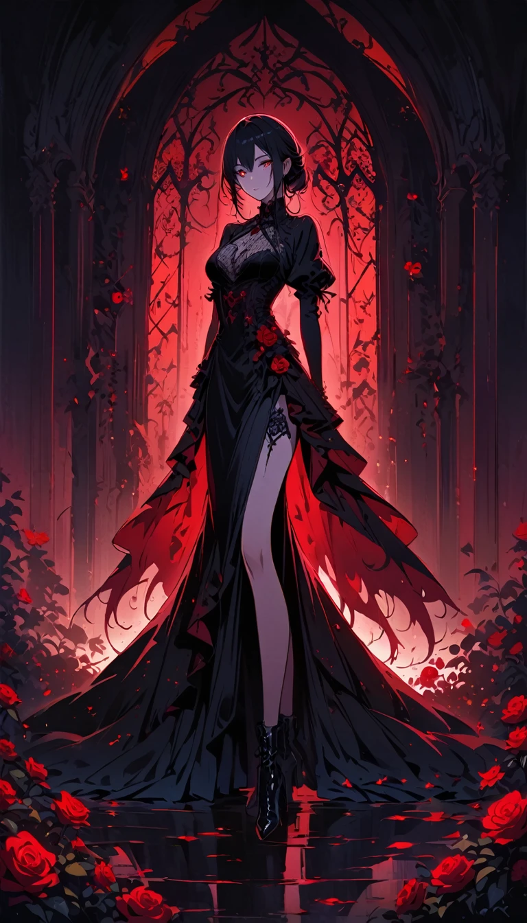 Dark and mysterious,night,Rain of Blood,gothic anime girl,Let me show you the God of Death!哥特式非同寻常的An artistic masterpiece,ominous clouds,unforgettably beautiful,Ethereal moonshine,strange shadow,strong contrast,nasty,An artistic masterpiece,detailed texture,dark palette,ominous atmosphere,impressive artistry,exquisite details,Gothic architecture,dramatic lighting,Bright red shade,ominous numbers,strange symbols,Surreal elements