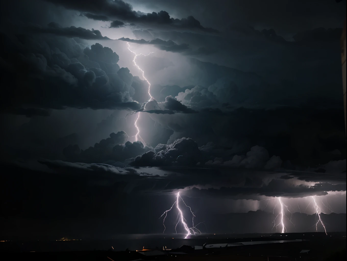 a dramatic lightning storm, dark cloudy sky, powerful lightning bolts striking the ground, detailed realistic lighting effects, cinematic HDR, moody atmosphere, epic fantasy landscape, dramatic high contrast lighting, gritty and intense, heavy rain, dramatic mood, high detailed textures, photorealistic, masterpiece