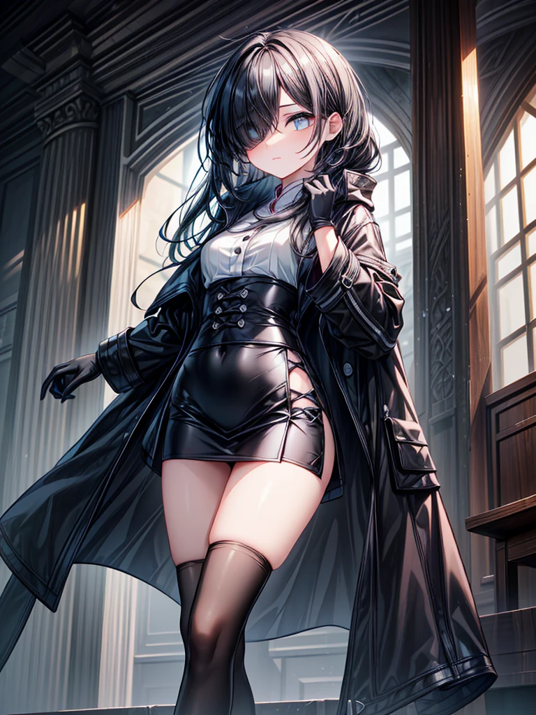 ((Oriental Project)),((masterpiece)),((Highest quality)),((Fascinating)),((alone)),((Deep blue pupils)),((Beautiful Blue Eyes)),((Wearing a black coat)),((Wearing a black mini skirt,She is wearing black tights under her skirt)),((Slim body)),((length, Shiny black hair)),((Her left eye is completely hidden by her bangs)),((Her hair is parted, and you can see her eyes through it)),((Wearing black gloves)),((hair over one eye,long hair)),((Ruthless)),((Complex background)),((overwhelmingly strong))
