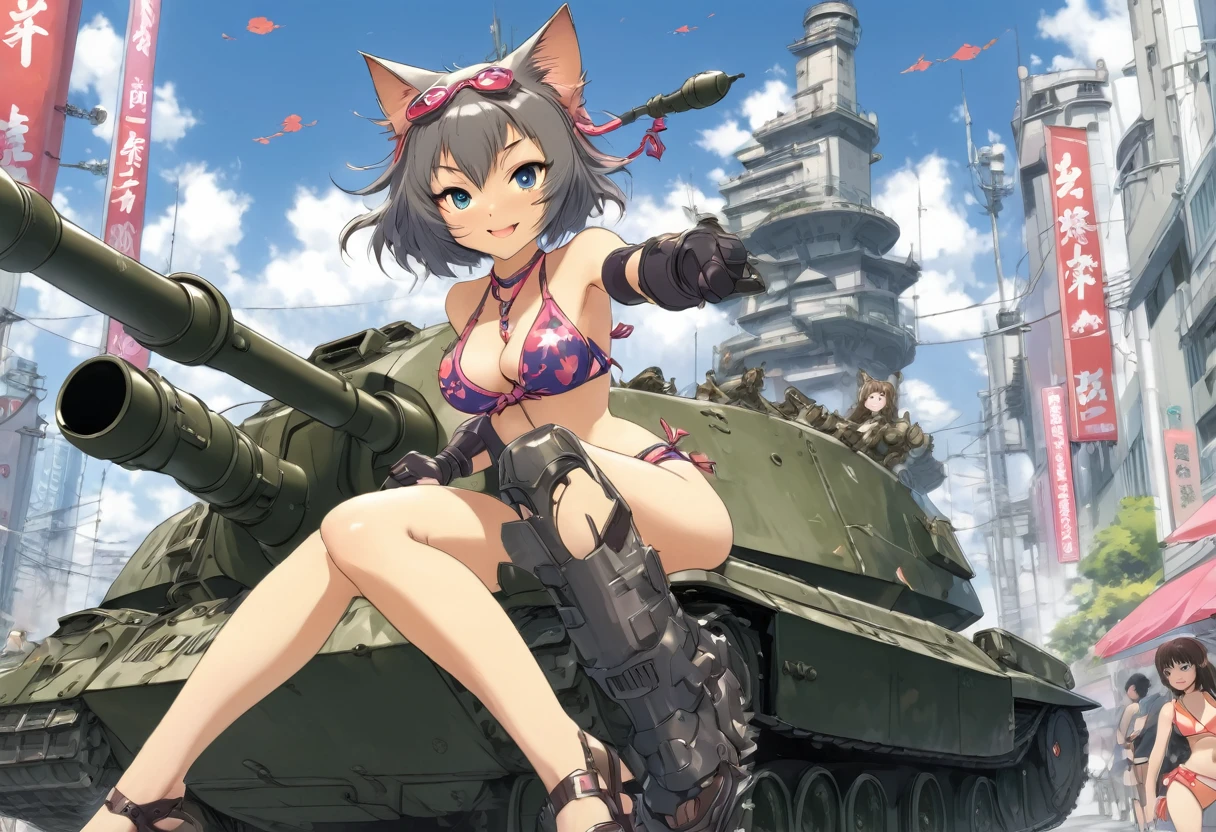 An anime catgirl in a bikini gleefully rides on the turret of a huge armored tank that matches the color scheme of her bikini, streets of tokyo