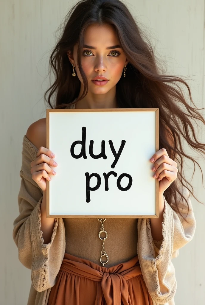 Beautiful girl with long wavy hair, bohemian outfit, holding a whiteboard with the words "duy pro" and holding it up for viewers to see