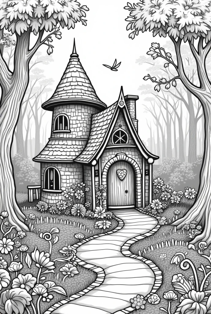 Fairy house land coloring book pages nature background no color black and white high details