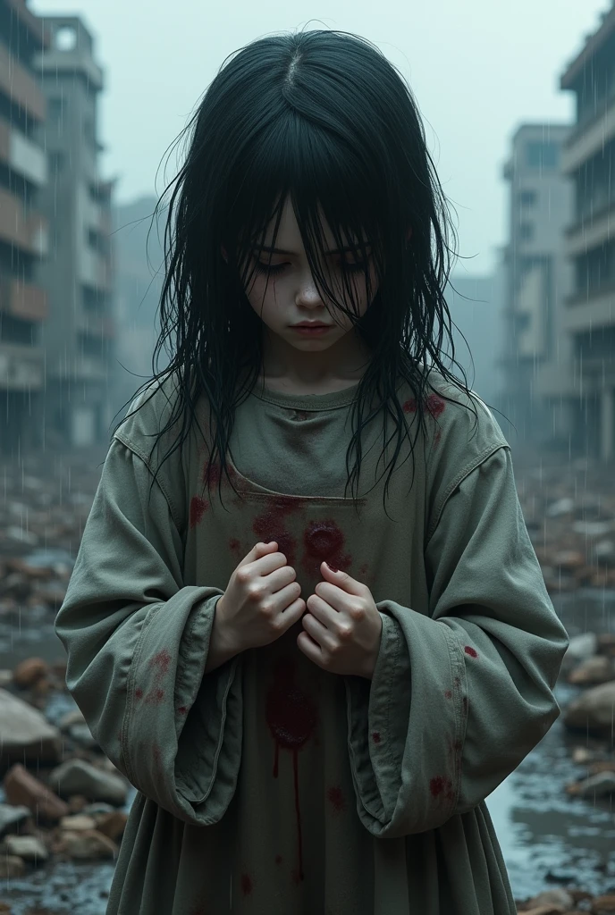 On the ruins of war，A girl standing alone，Let the cold wind and icy rain hit her body。Her eyes are empty and desperate，I seem to have lost all hope in life。 A desolate ruins surrounded，The once prosperous city is now just ruins。The traces of the flames are still clearly visible，The air smells of burning and destruction..。distance，偶尔able听到零星的枪声和爆炸声，Remind her of the cruelty and ruthlessness of war。 Her rags，Covered in dust and blood。Her black hair was wet from the rain，Close to her cheek，One by one, they blocked her view.。Lips lose color，Only endless paleness and trembling remain。 Hold your hands tightly together，White knuckles from excessive force。Her shoulders trembled，Not because of the cold，But because of the despair and helplessness in my heart。There are no tears in her eyes，Because all the tears have already dried up。 Rain and tears merge into one，Sliding down her cheek，Leaving traces of sadness。She closed her eyes，Let the cold wind and rain attack her body，仿佛这有有able力的力的让她忘记心中的痛苦和绝望。 This ruin is her world.，War means everything to her.。She felt like an abandoned bird，有有able力的力的&#39;有able力的&#39;able&#39;Can&#39;t find a warm nest。The despair in her heart enveloped her like a dark night.，She will never see hope.。