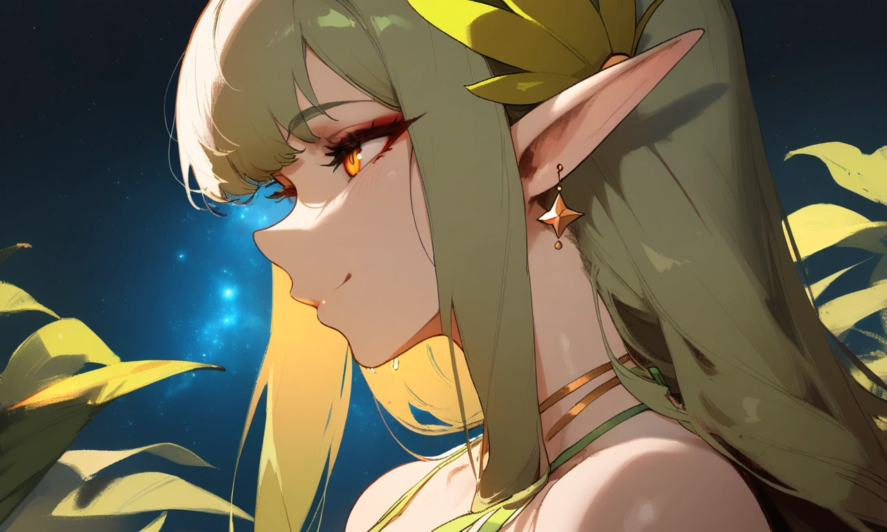 1girl, muelsyse \(arknights\), arknights \\\\\ masterpiece, best quality, very aesthetic, absurdres, newest ///// nyantcha, cutesexyrobutts, khyle ////// orange eyes, elf ears ///// simple background, space background, lime bikini, greenery, 18 years old girl, thin waist,solo, stars, ^_^, portrait, detailed face, bare neck. profile