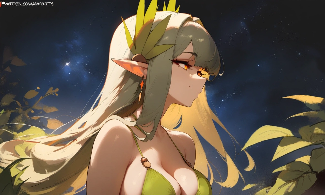 1girl, muelsyse \(arknights\), arknights \\\\\ masterpiece, best quality, very aesthetic, absurdres, newest ///// nyantcha, cutesexyrobutts, khyle ////// orange eyes, elf ears ///// simple background, space background, lime bikini, greenery, 18 years old girl, thin waist,solo, stars, ^_^, portrait, detailed face, bare neck. profile