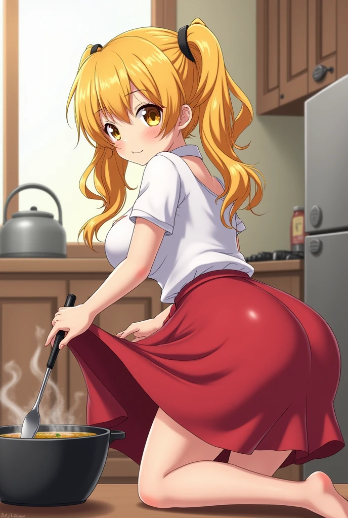 Anime girl with big breasts, yellow hair tied on both sides, curls that touch her shoulders and is wearing a white dress on top and red on the bottom, yellow eyes and is cooking soup with a big butt and big breasts, she is small and has her skirt up and you can see her ass with a tattoo on her buttock and she is small, she is a girl who is crouching with her legs open