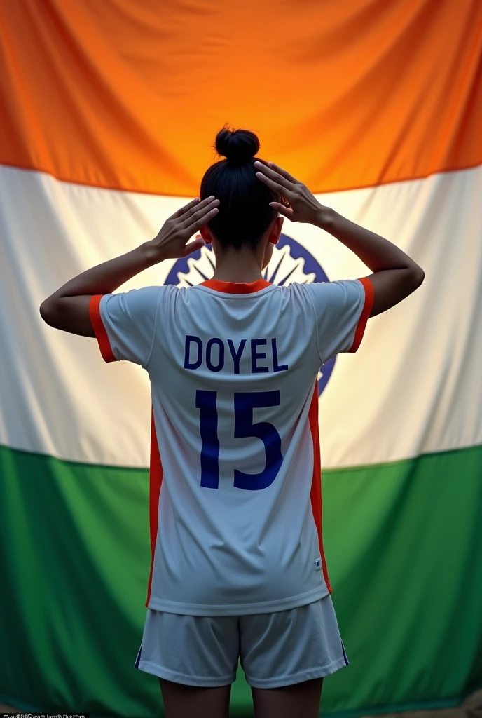 A beautiful girl standing back facing, saluting indian national flag, in the jersey of the woman written Doyel, color of the jersy is inidan flag tri color, hd image, in the jersey 15 number is showing with blue colour wheel, in the jersy name Doyel is showing